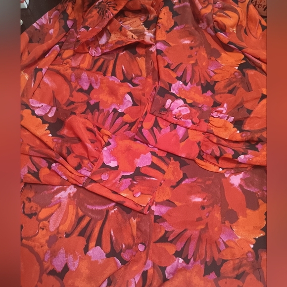 Red and Pink Puff Sleeve Blouse with Notched Collar - Picture 13 of 14